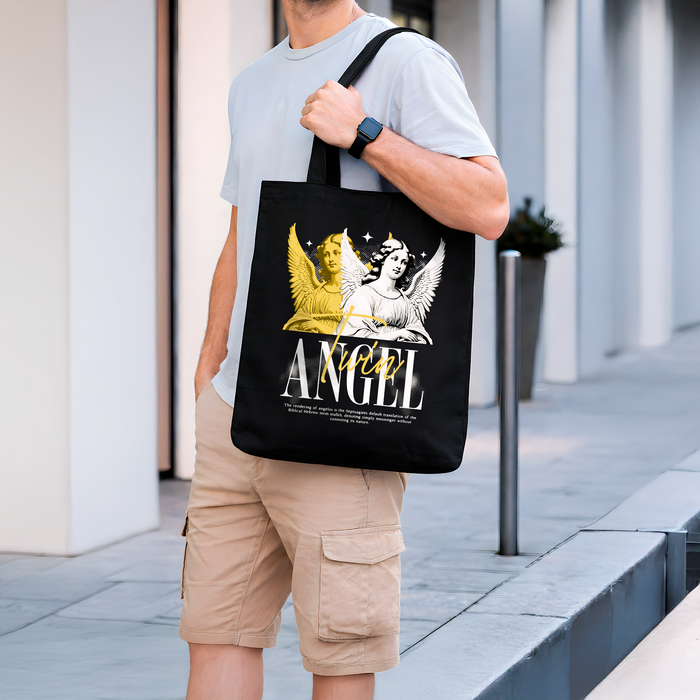 Tote Bag Noir « Twin Angel » – Design Anges Doré et Blanc