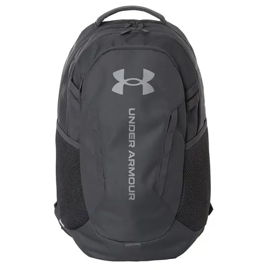 A dark gray Under Armour backpack with a silver logo and vertical brand name on the front,