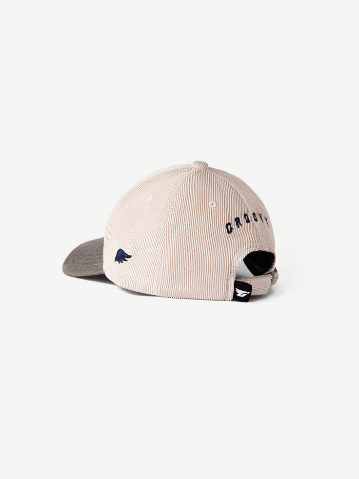 GROOVY UTOPIA cream cap with script logo and corduroy texture