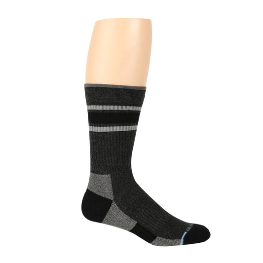 Black and gray crew socks with striped design and reinforced heel and toe.