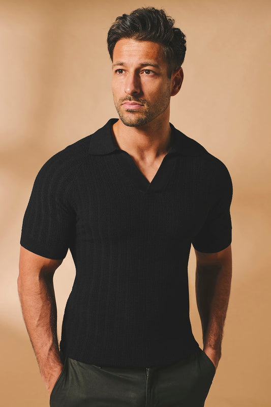 Vertical Stripe Knitted Open Collar Polo Shirt in Black - TAILORED ATHLETE - USA