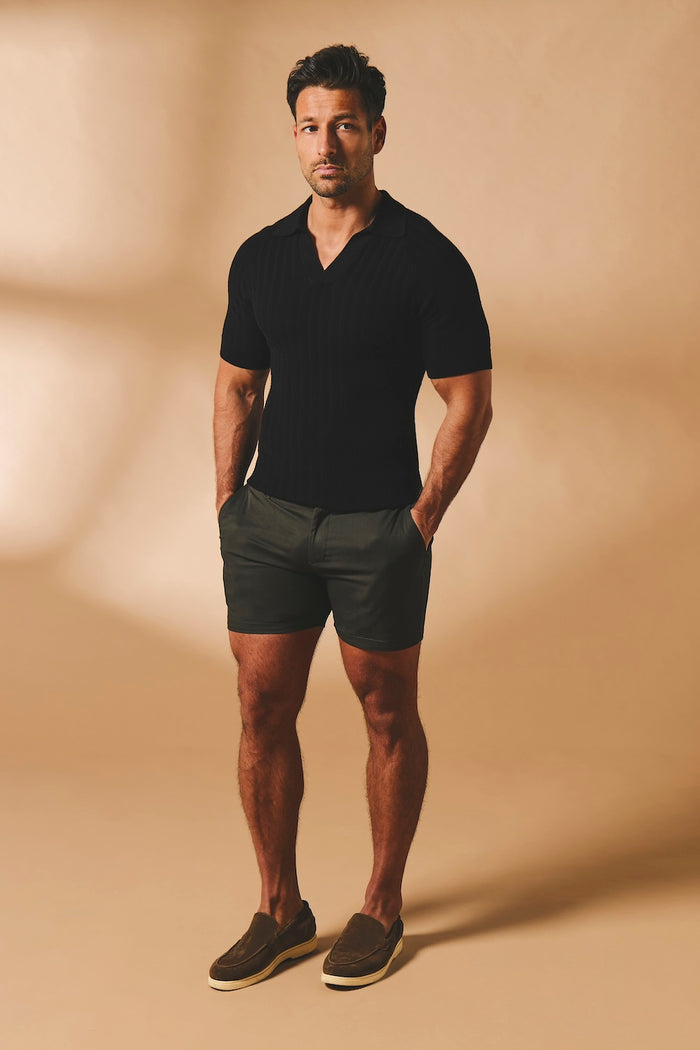 Vertical Stripe Knitted Open Collar Polo Shirt in Black - TAILORED ATHLETE - USA