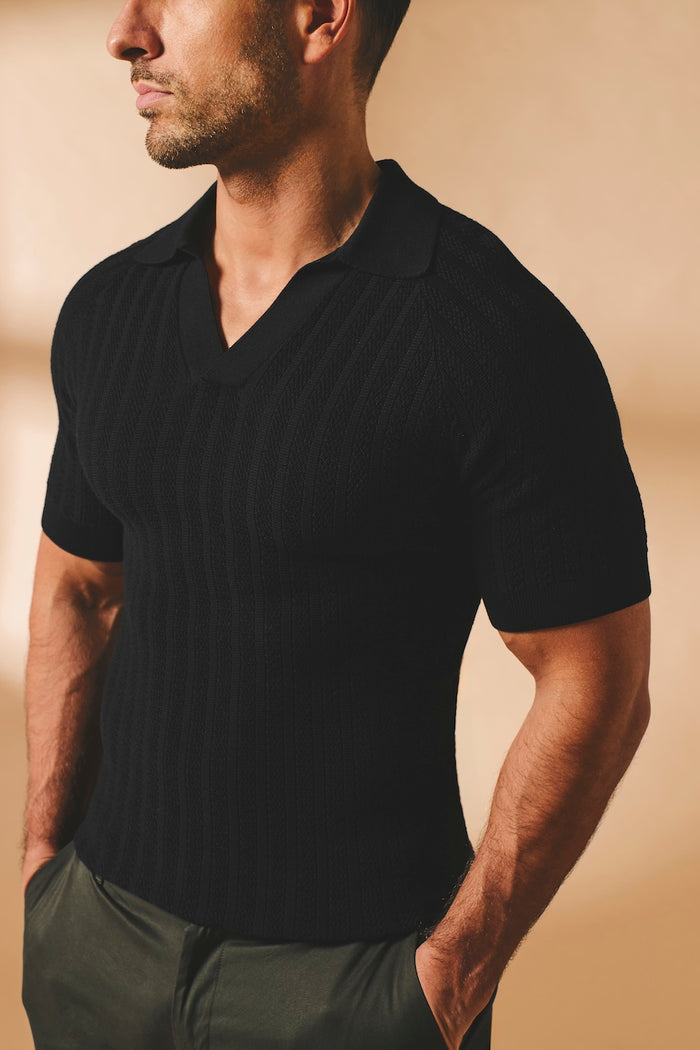 Vertical Stripe Knitted Open Collar Polo Shirt in Black - TAILORED ATHLETE - USA