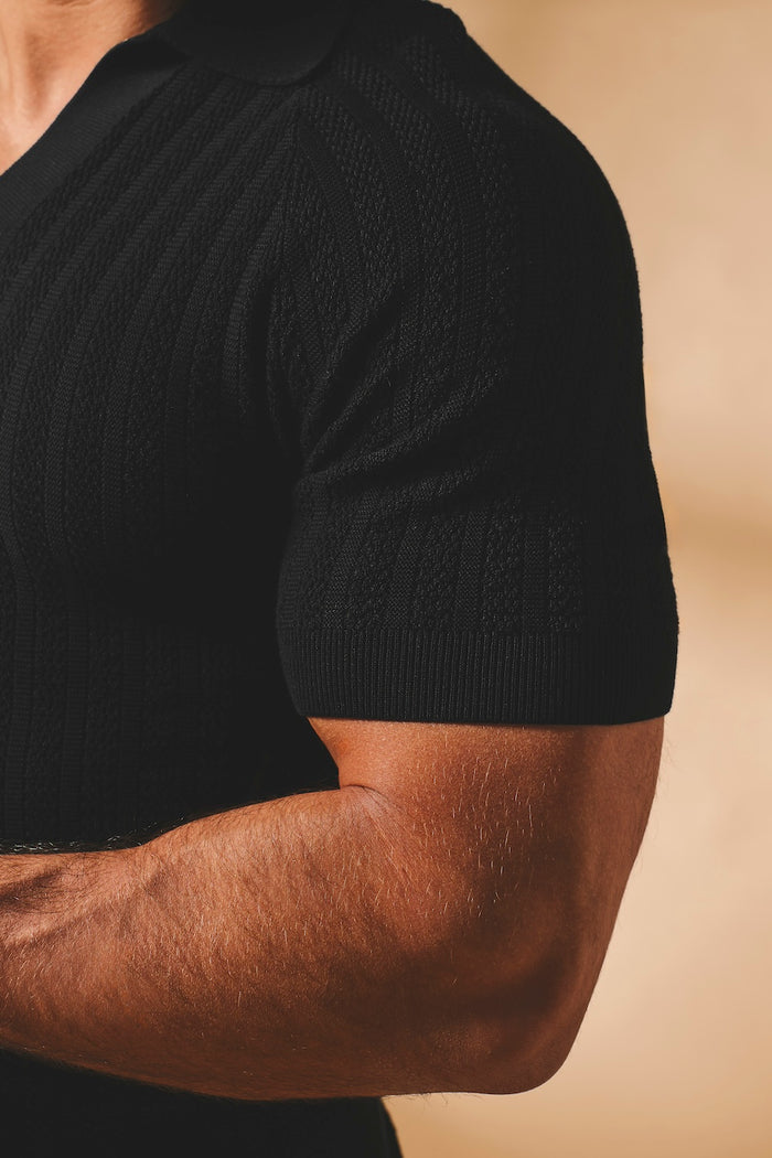 Vertical Stripe Knitted Open Collar Polo Shirt in Black - TAILORED ATHLETE - USA