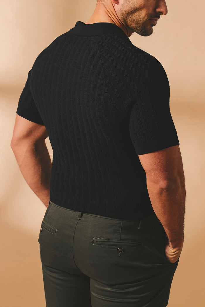 Vertical Stripe Knitted Open Collar Polo Shirt in Black - TAILORED ATHLETE - USA