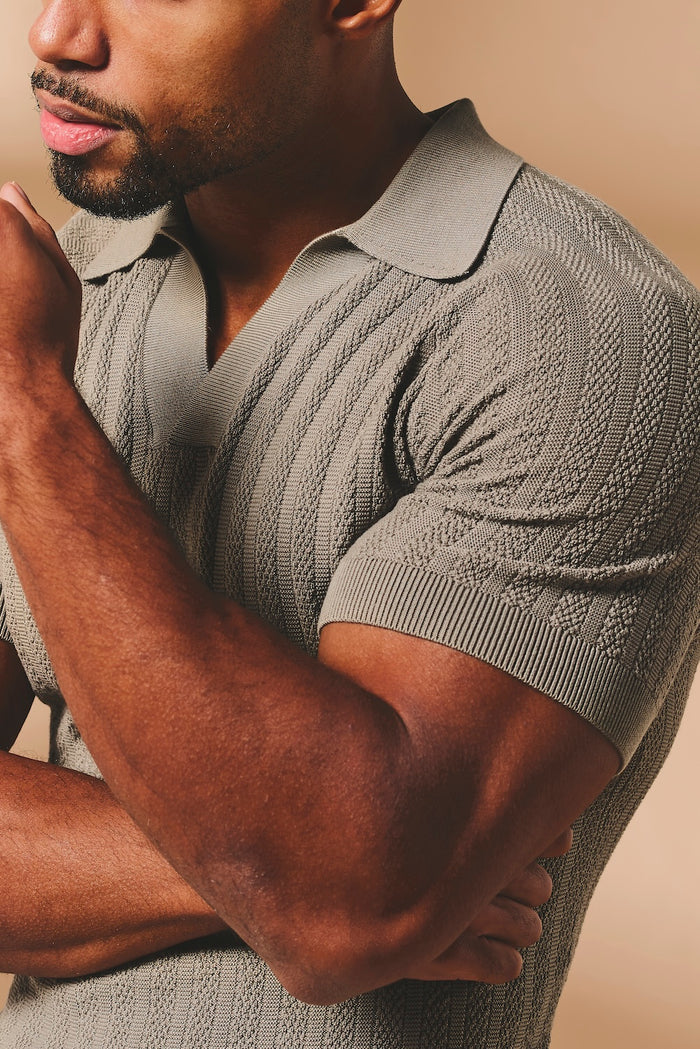 Vertical Stripe Knitted Open Collar Polo Shirt in Mole - TAILORED ATHLETE - USA