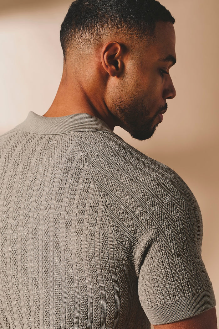 Vertical Stripe Knitted Open Collar Polo Shirt in Mole - TAILORED ATHLETE - USA