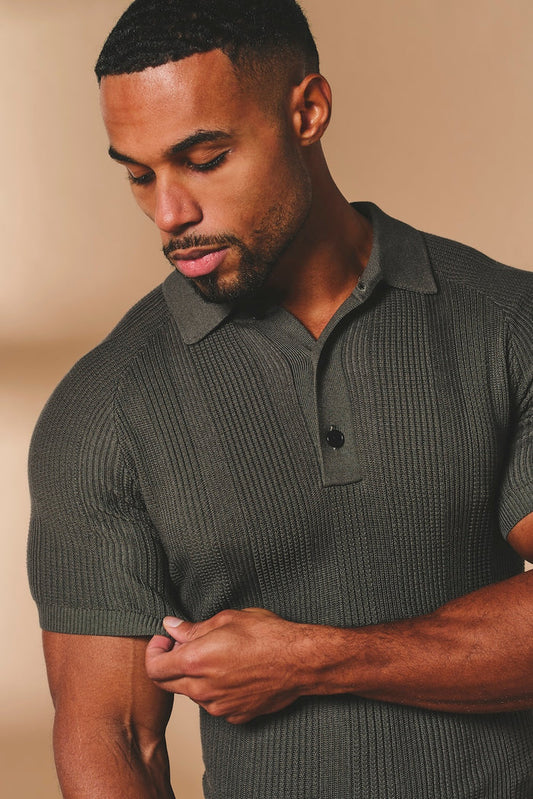 Vertical Stripe Knitted Polo Shirt in Khaki - TAILORED ATHLETE - USA