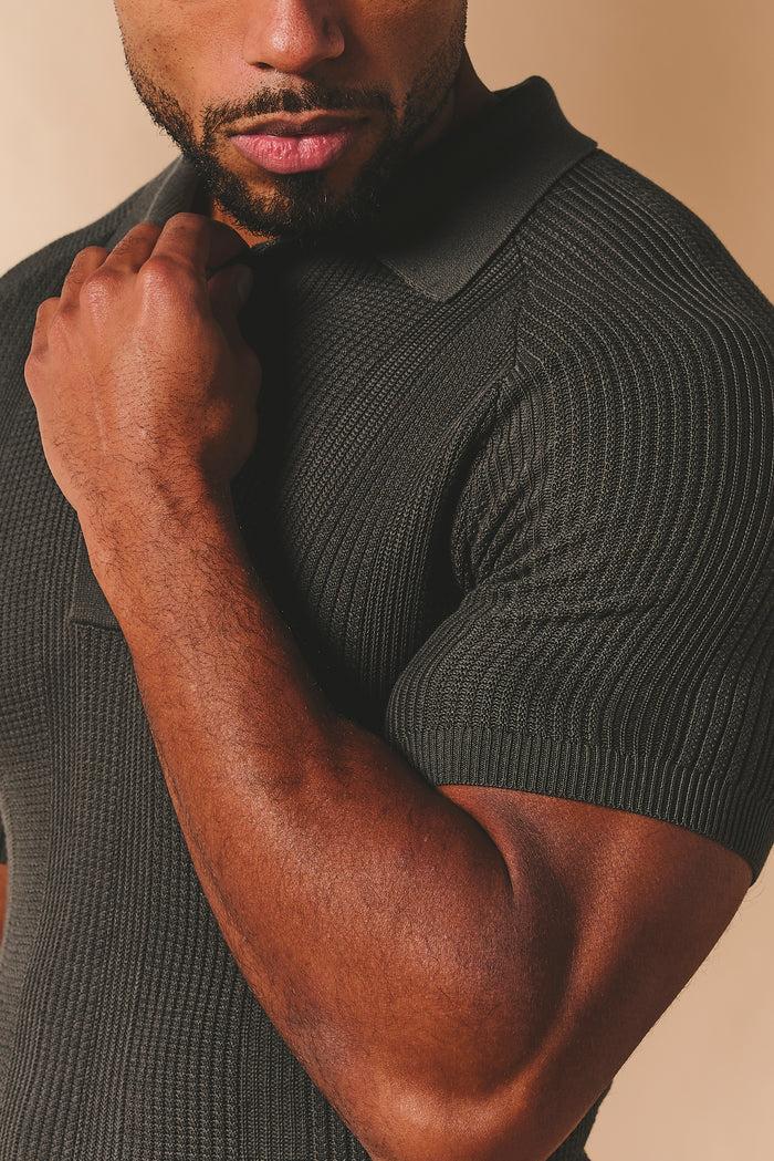 Vertical Stripe Knitted Polo Shirt in Khaki - TAILORED ATHLETE - USA