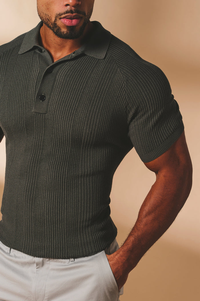 Vertical Stripe Knitted Polo Shirt in Khaki - TAILORED ATHLETE - USA