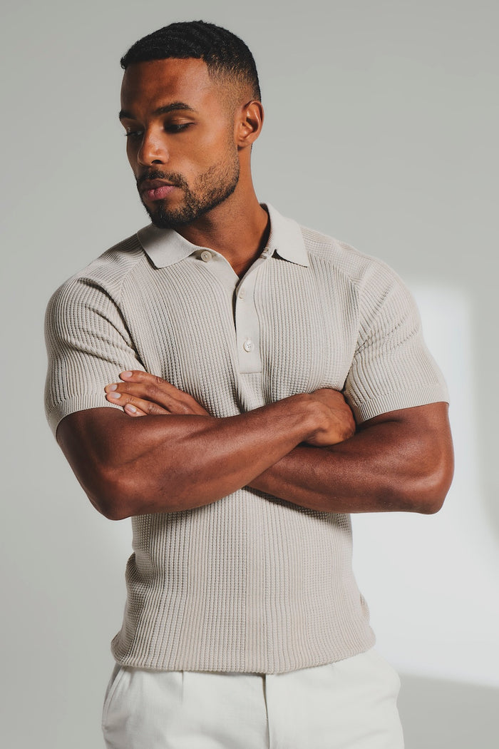Vertical Stripe Knitted Polo Shirt in Stone - TAILORED ATHLETE - USA