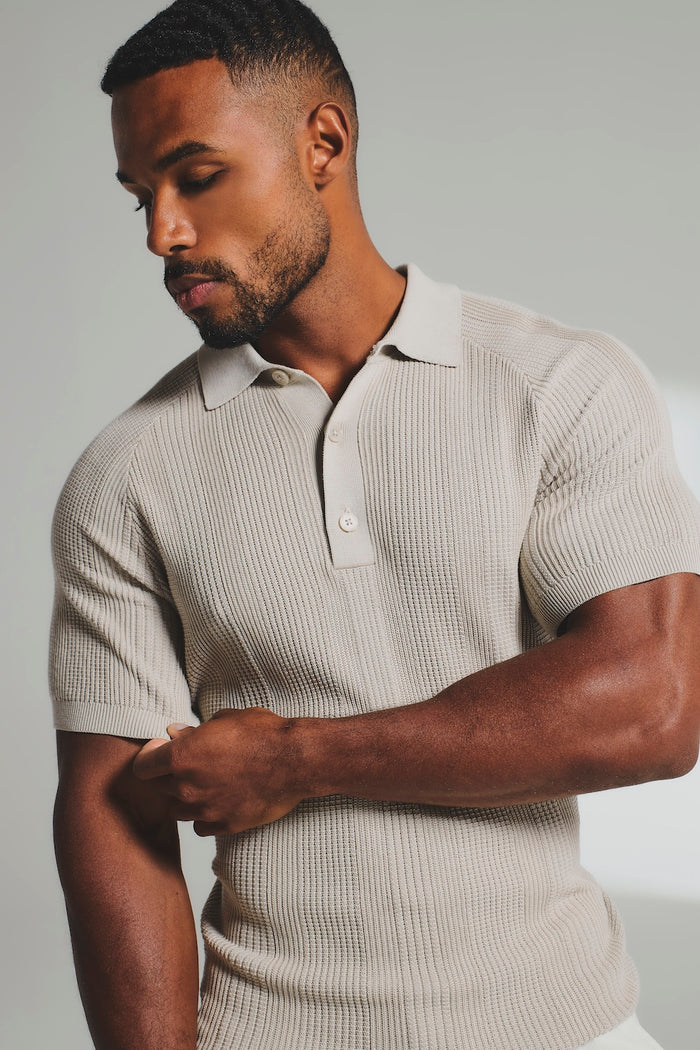 Vertical Stripe Knitted Polo Shirt in Stone - TAILORED ATHLETE - USA