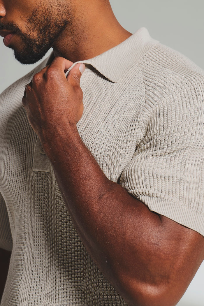 Vertical Stripe Knitted Polo Shirt in Stone - TAILORED ATHLETE - USA