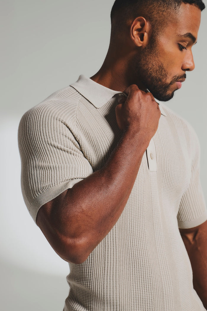 Vertical Stripe Knitted Polo Shirt in Stone - TAILORED ATHLETE - USA