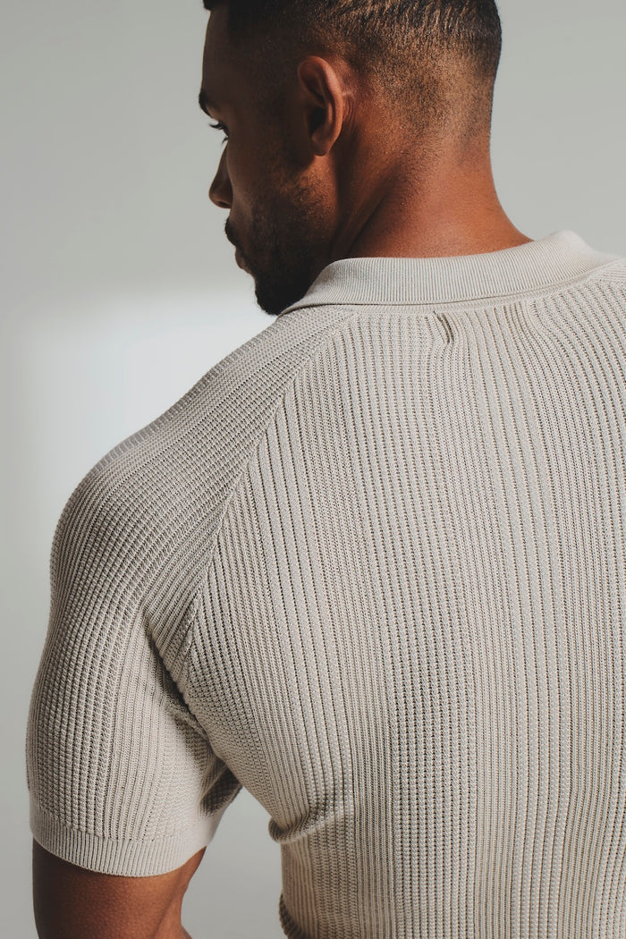 Vertical Stripe Knitted Polo Shirt in Stone - TAILORED ATHLETE - USA