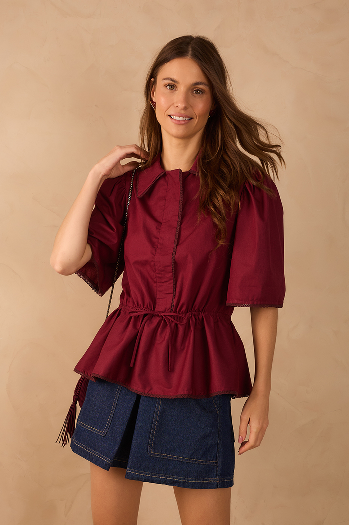 Wine Bossa Lace Adjustable Waist Short Sleeve Blouse_1