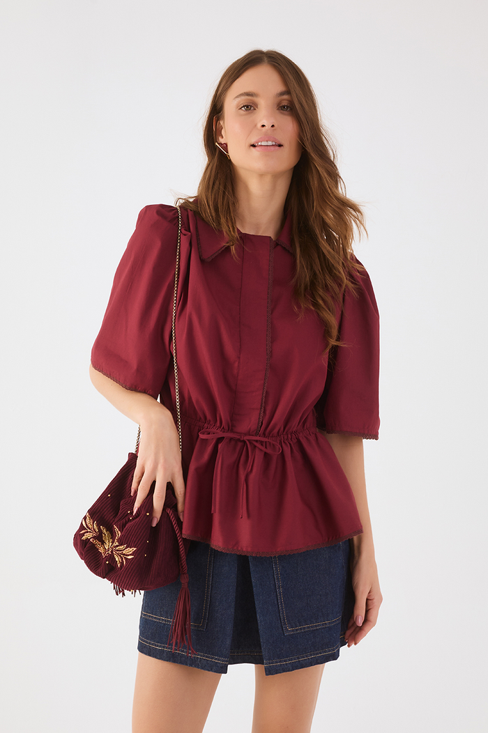 Wine Bossa Lace Adjustable Waist Short Sleeve Blouse_2