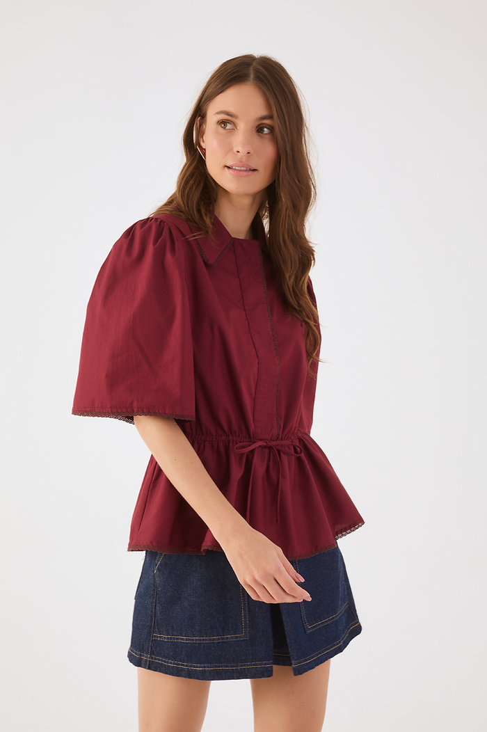 Wine Bossa Lace Adjustable Waist Short Sleeve Blouse_3