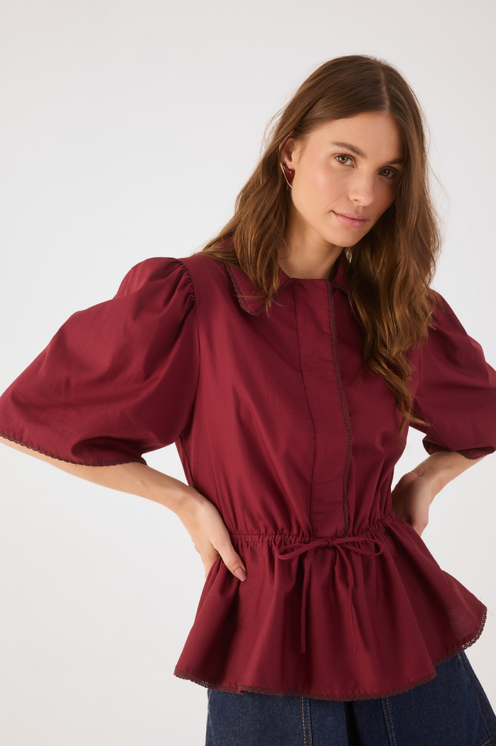Wine Bossa Lace Adjustable Waist Short Sleeve Blouse_4
