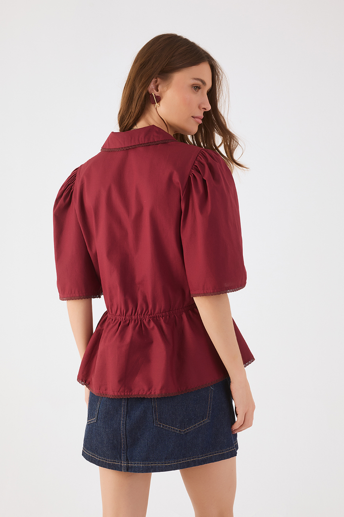 Wine Bossa Lace Adjustable Waist Short Sleeve Blouse_5