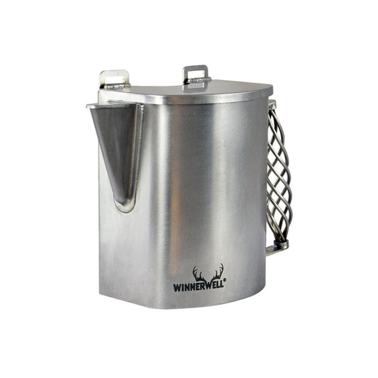 Winnerwell® S - sized Water Tank showcasing its compact, stainless - steel construction with a handle and a pouring spout, designed for outdoor use with compatible stoves.
