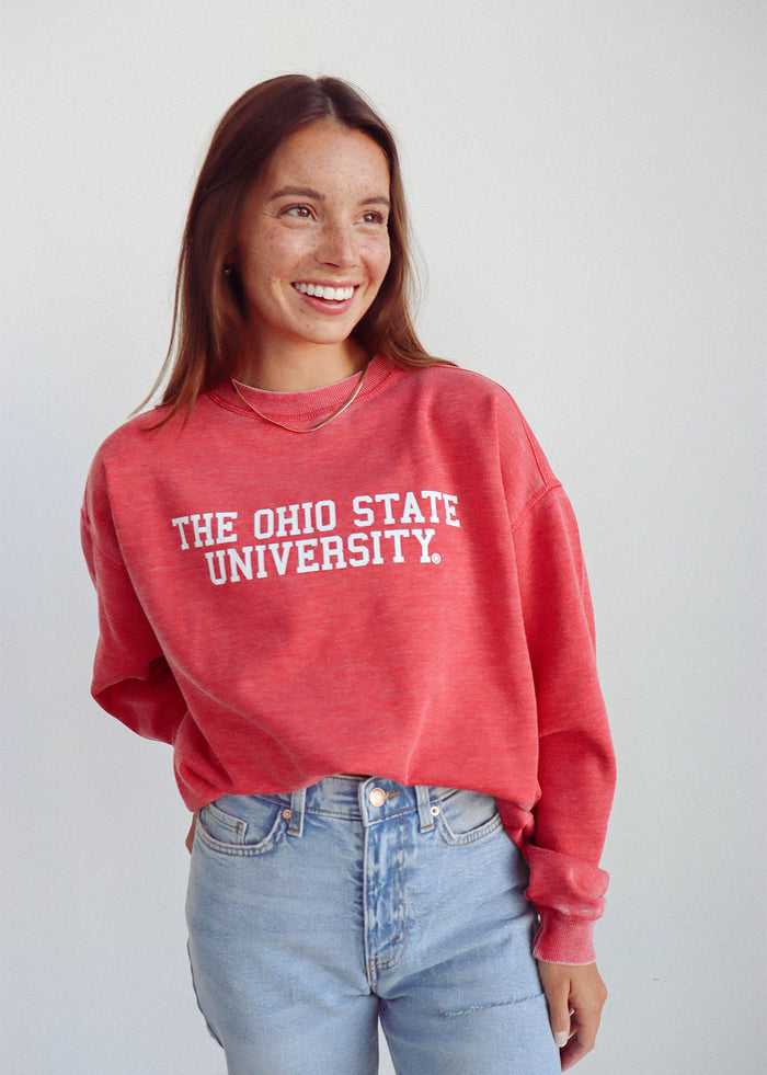 Ohio State Buckeyes Unisex Cardinal Oversized Burnout fleece Sweatshirt with Ribbed crew neckline, cuffs, hem, dropped shoulders and relaxed bottom hem