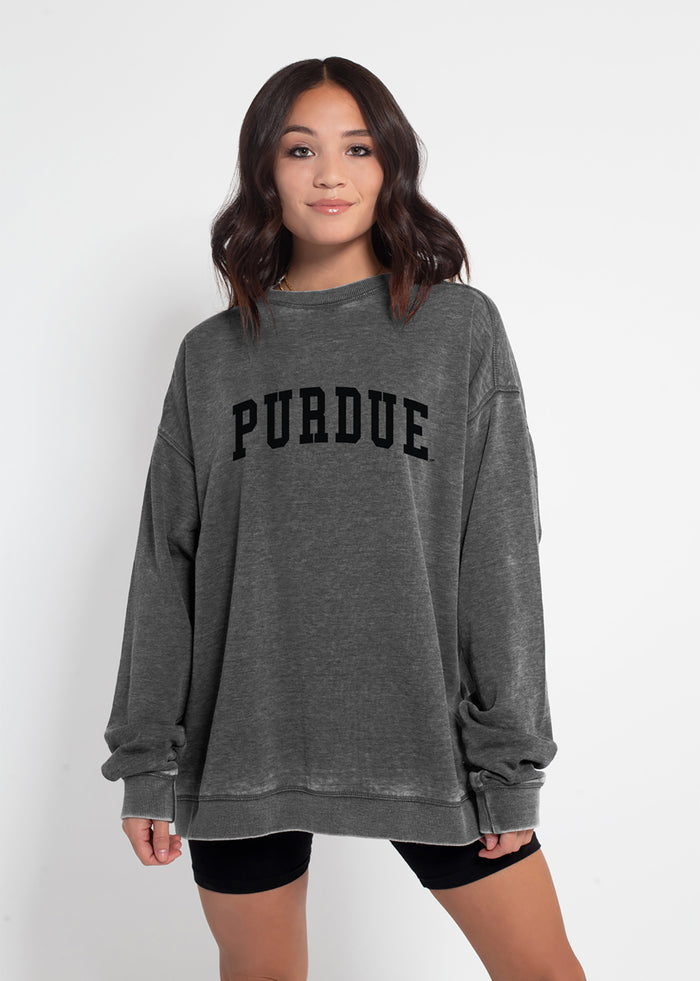 Purdue Boilermakers Unisex Charcoal Oversized Burnout fleece Sweatshirt with Ribbed crew neckline, cuffs, hem, dropped shoulders and relaxed bottom hem