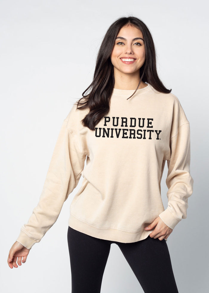 Purdue Boilermakers Unisex Oatmeal Oversized Burnout fleece Sweatshirt with Ribbed crew neckline, cuffs, hem, dropped shoulders and relaxed bottom hem