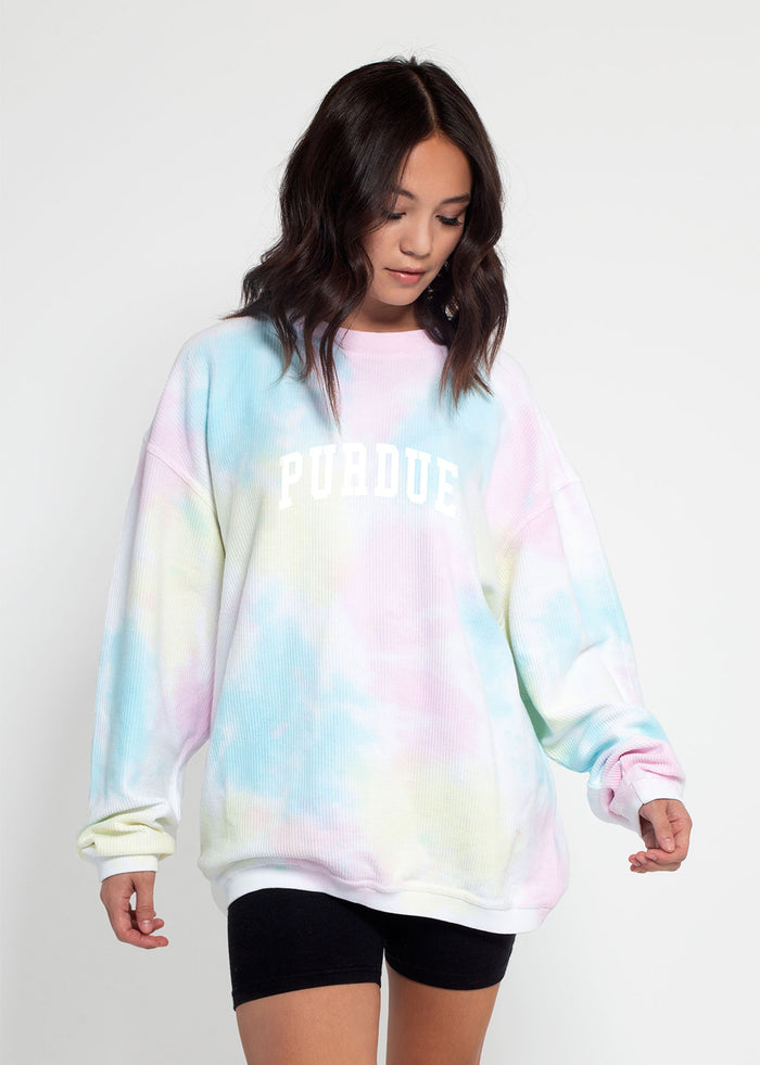 Purdue Boilermakers Unisex Rainbow-Tie-Dye Oversized Premium cotton corded fleece Sweatshirt with Super soft hand feel, vintage wash and ribbed crew neckline, cuffs, and hemline