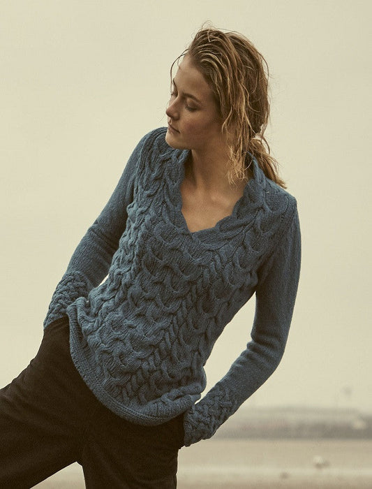Wool Cashmere Cable V-Neck Sweater - Teal Harbour #color_teal-harbour