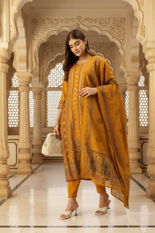 Yellow Ethnic Motifs Printed Kurta with Trousers With Dupatta