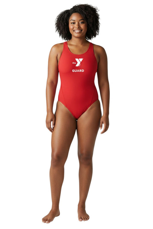 The Lifeguard Store red YMCA Guard MB-Back swimsuit with racerback straps and UPF 50+ protection.