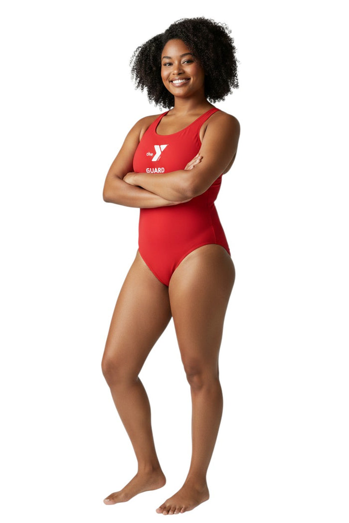 The Lifeguard Store red YMCA Guard MB-Back swimsuit with racerback straps and UPF 50+ protection.