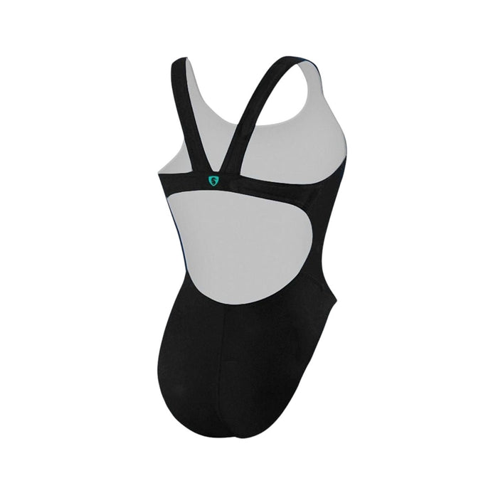 The Lifeguard Store YMCA Kiefer MB-Back one piece swimsuit in black with teal logo detail. Made of polyester and spandex.