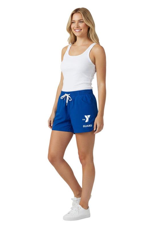 The Lifeguard Store YMCA Roll Short in royal blue polyester with white drawstring and logo. Features quick-dry fabric and UPF 30+ protection.