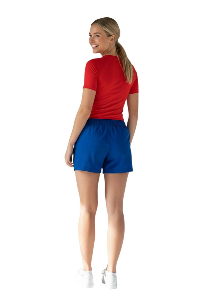 The Lifeguard Store YMCA Roll Shorts in royal blue polyester with white logo and drawstring. Quick-dry, UPF30+ fabric.