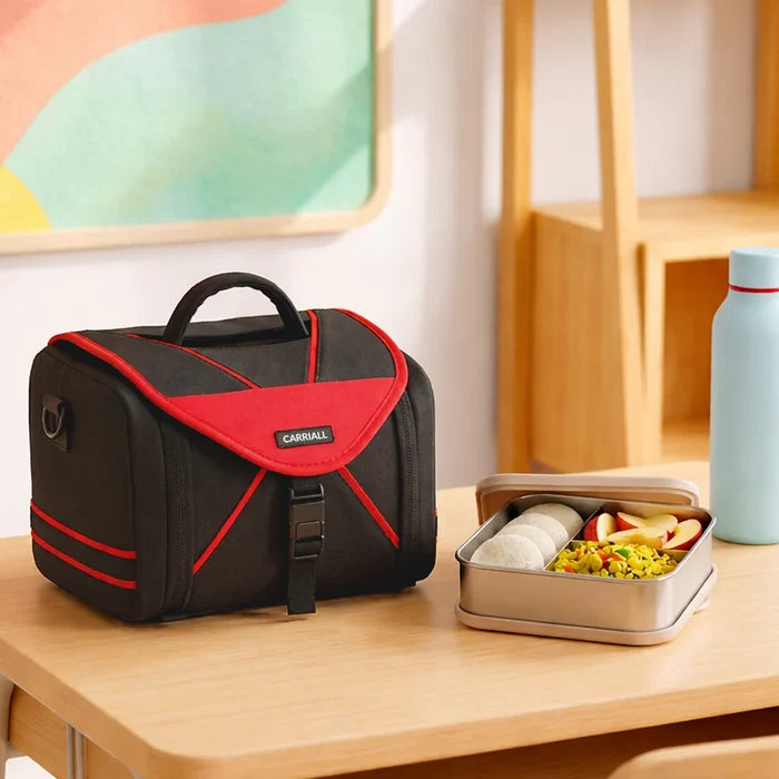 Zento Kids Lunch Bag, black school tiffin bag with adjustable shoulder strap by Carriall