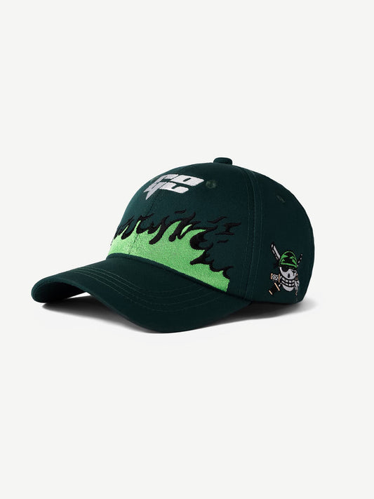 GROOVY ZORO deep green anime cap with bold flame graphic and embroidery