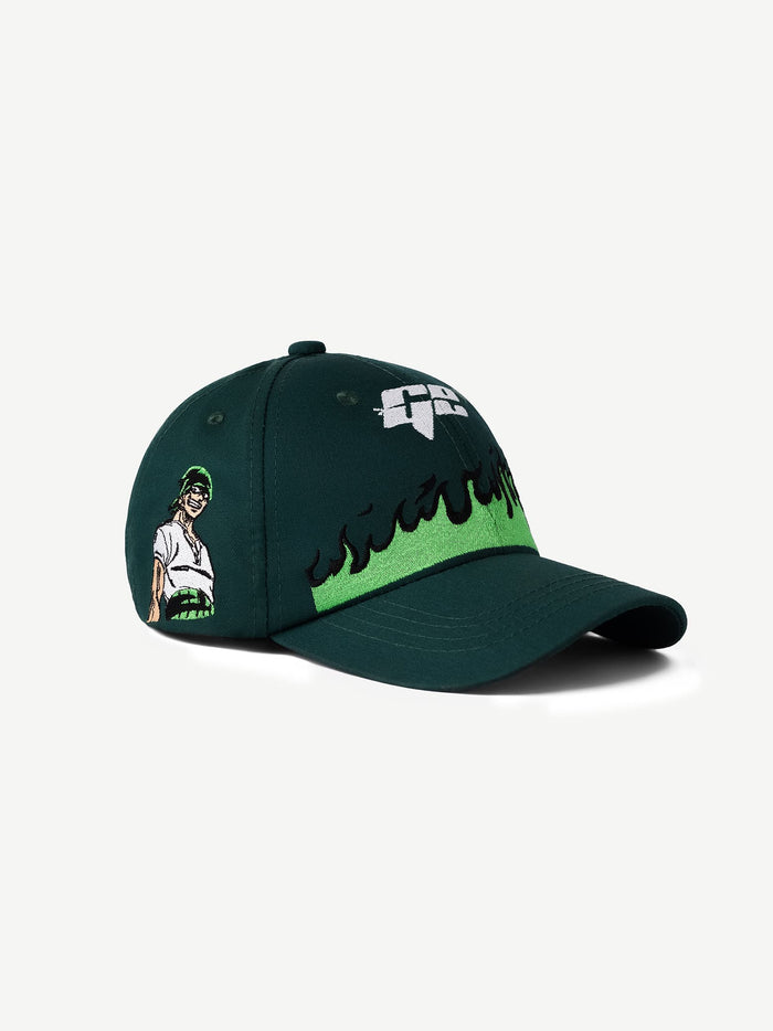 GROOVY ZORO deep green graphic cap, embroidered anime flame detail