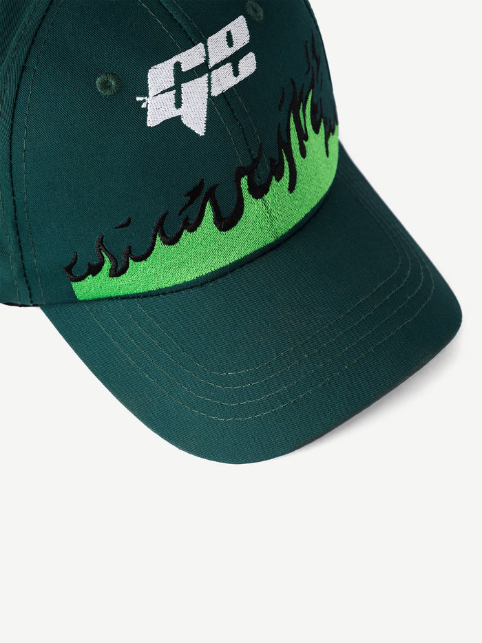 GROOVY ZORO cap, embroidered flame on deep green, adjustable